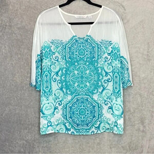 ISAAC Mizrahi M Medium‎ Top Shirt Blue Paisley Short Sleeve V Neck Sheer P21